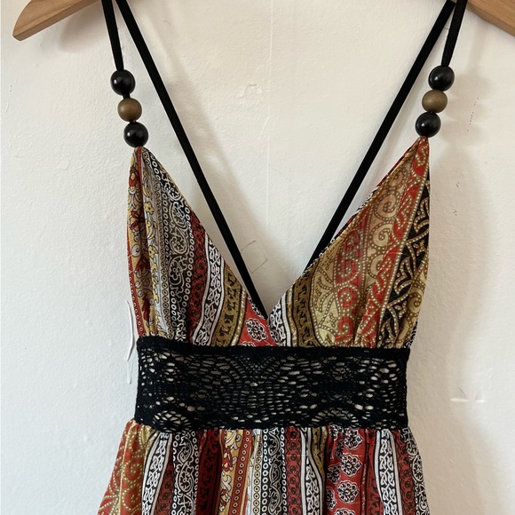 VTG 90s Tricia Fix SUNDRESS small beads 70s crochet lace groovy retro crossback - Picture 7 of 16
